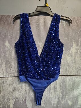 Sequin V-Neck Bodysuit And Matching Satin Bootcut Pants - Electric Blue